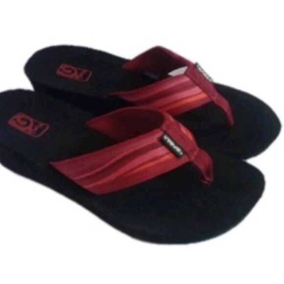 Teva Mush Mandalyn Wedge Thong Sandals Black Red Pink Striped 1000093B Size 9 - Picture 12 of 12